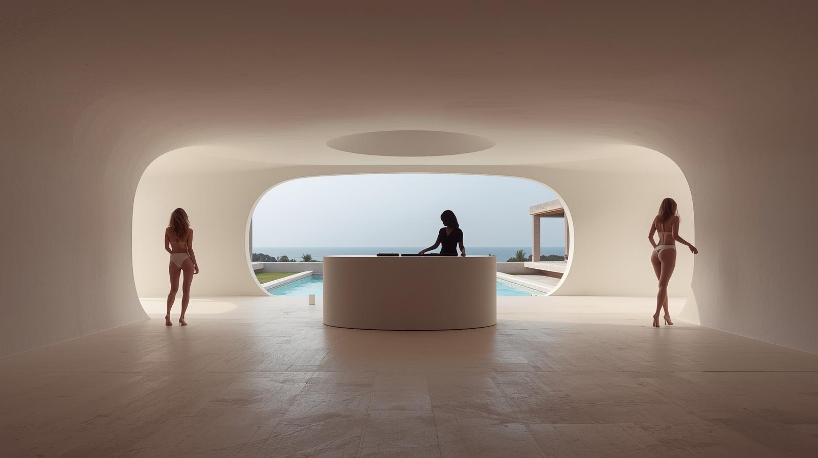 A minimalist, clean photography style capturing a sleek, futuristic DJ booth within a modern villa, overlooking a serene pool. Silhouettes of Pacific Islander women are subtly integrated around the